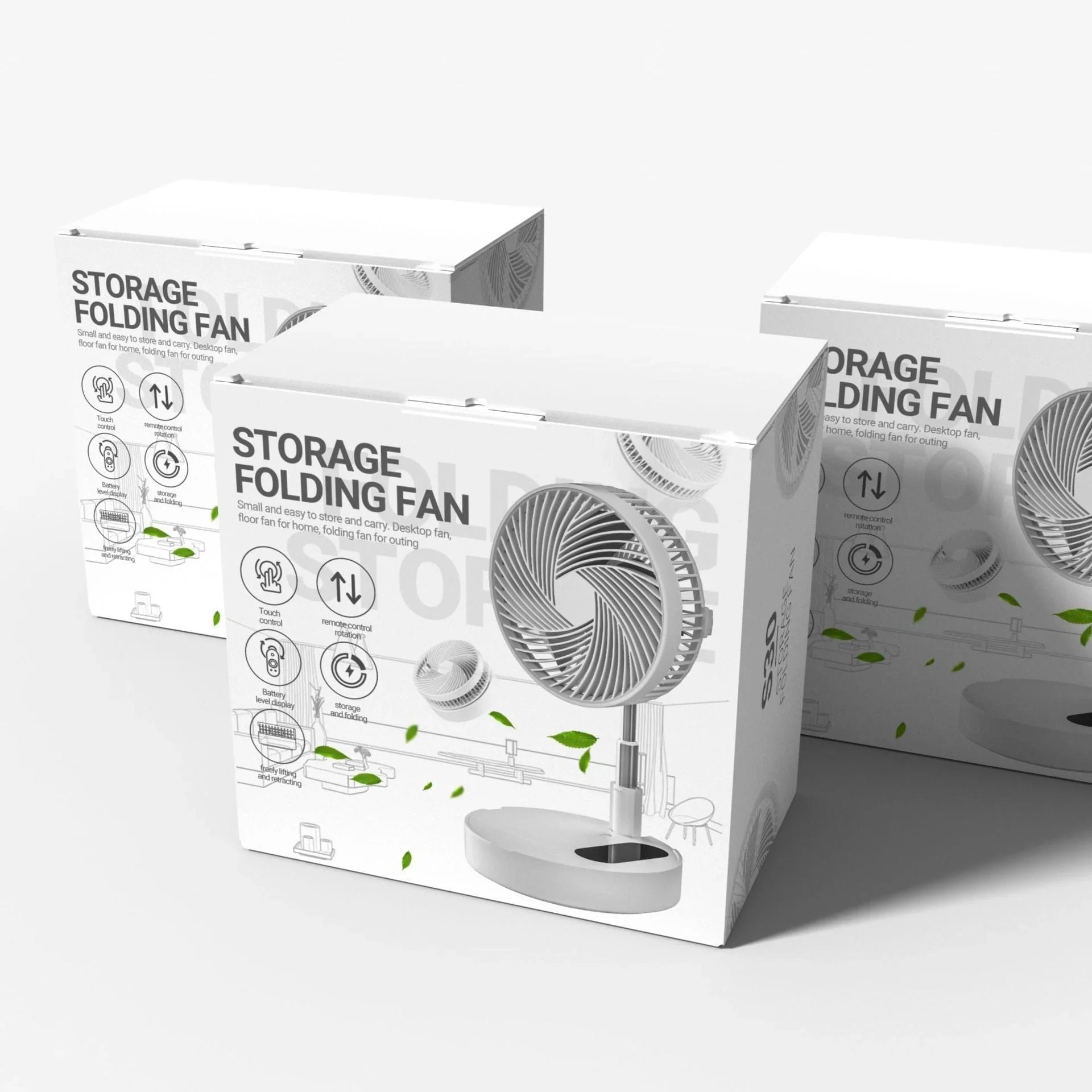 Three white boxes of the Glacient USB Attachable/Retractable Fan by CJDropshipping are shown, each featuring an illustration of the fan, product name, icons like USB charging, and green leaf decorations on the packaging.